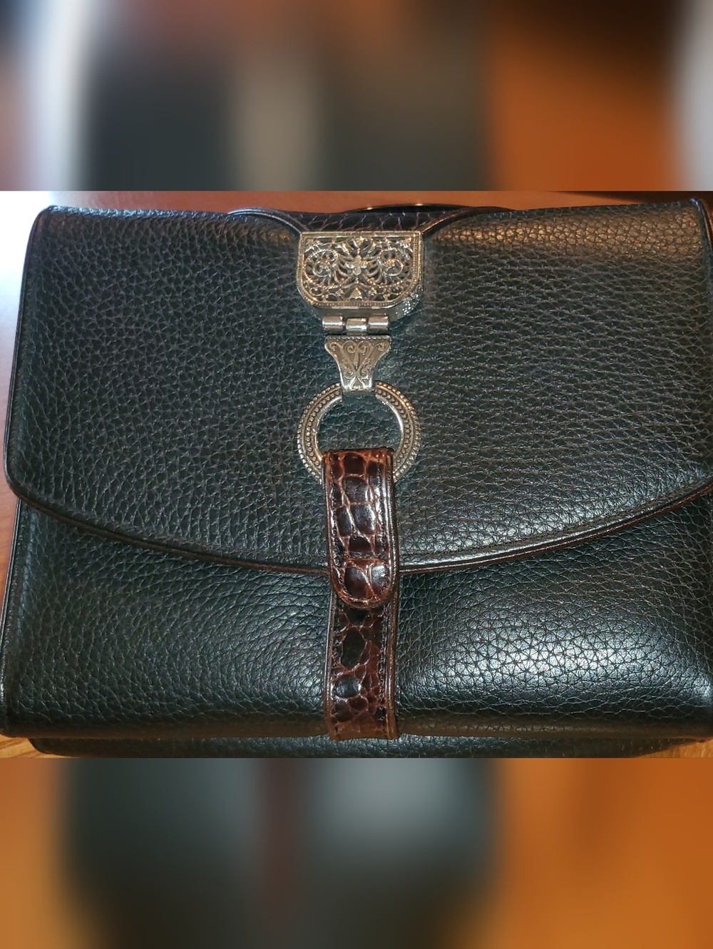 Brighton Nepal Leathet Crossbody Organizer handbag in black and chocolate.